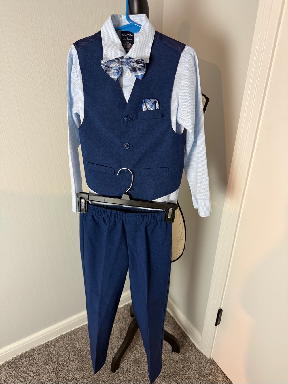 Nautica Boys' Navy Vest & Pants with Light Blue Shirt and Plaid Bow Tie size 6
